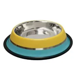 Comedero antideslizante de acero inoxidable azul y amarillo para perros