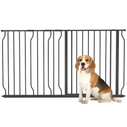 PawHut Barrera de Seguridad Extensible Barrera para Mascotas con 2 Extensiones Montaje a Presión Doble Bloqueo para Puerta Pasillo Escalera 75-115x76 cm Negro