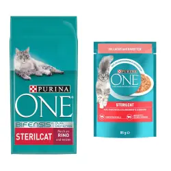 Purina ONE 9,75 kg pienso + 13 x 85 g comida húmeda ¡gratis! - Sterilcat con buey + Esterilizados con salmón y zanahoria