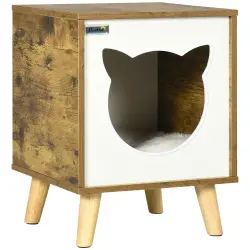 Pawhut Caseta de Madera para Gatos Casa para Gatos Interior Cuerva de Gatos con Cojín Lavable y Patas Elevadas 34x34x44,5 cm Marrón.