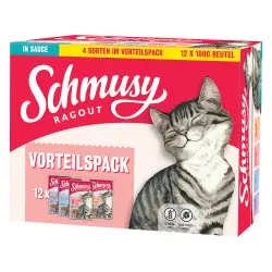 Schmusy Ragout en salsa comida húmeda para gatos 12 x 100 g - Mezcla (4 variedades)