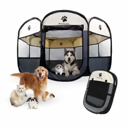 Parque plegable para perros | Gatos | Roedores | 8 ventanas | 2 puertas | Seguro | Cordón elástico | Gris | Scooby | Mobiclinic