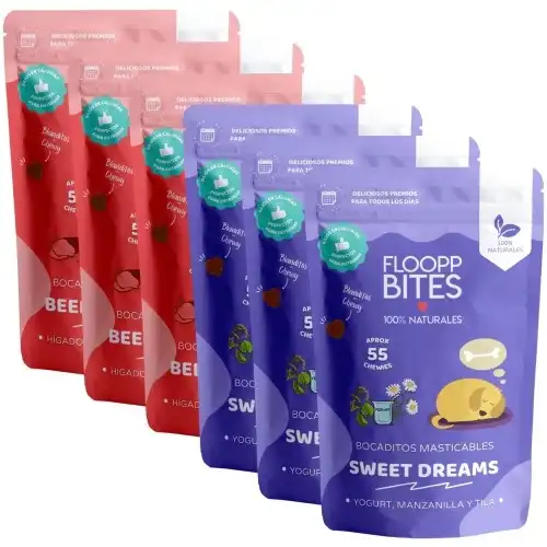 FlooppBITES soft snacks naturales sabor beef & veggies y sweet dreams para perros