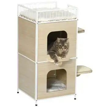 Casa Para Gatos 2 Niveles Pawhut Mdf Acero Felpa 40x40x84cm Natural