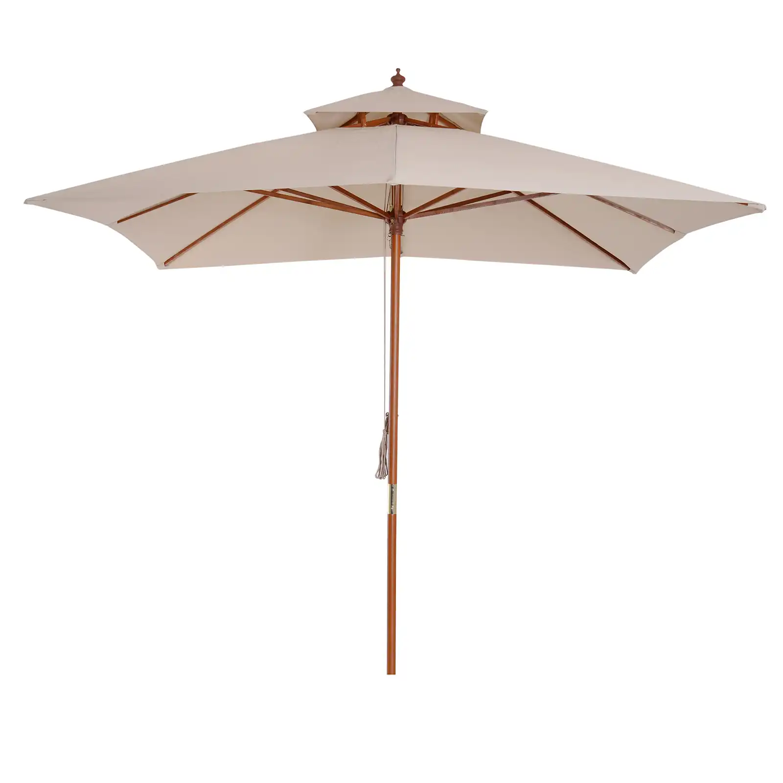 Outsunny Sombrilla de Jardín 3x3x3 m Parasol de Jardín de Bambú con Doble Techo Sistema de Polea Impermeable para Terraza Balcón Exterior Beige