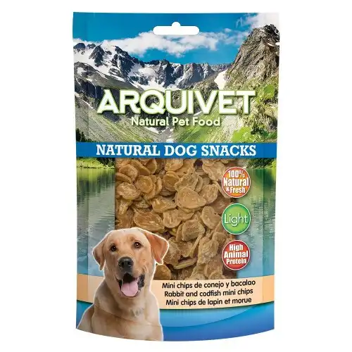 Mini Chips Natural Dog Snacks Arquivet para perros sabor Bacalao y Conejo