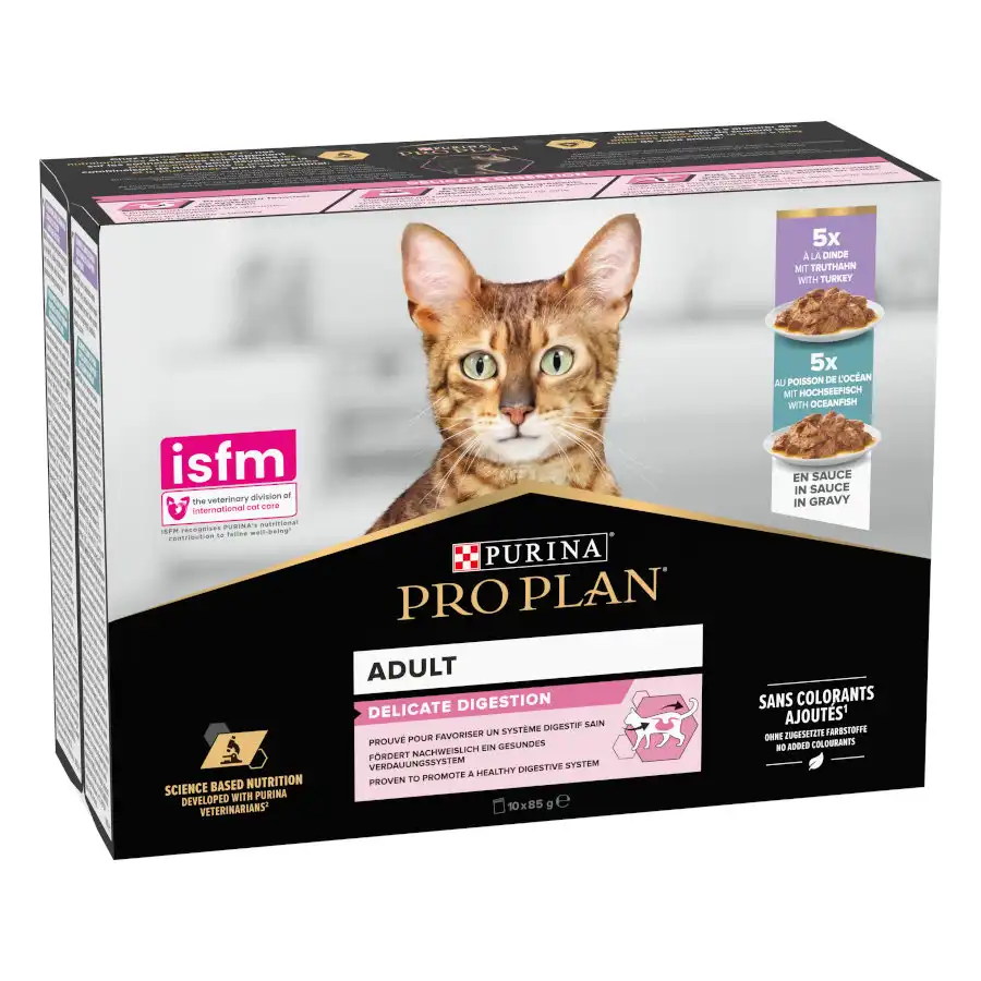 Pro Plan Adult Delicate Digestion Pavo y Pescado del Océano en Salsa sobre para gatos - Multipack 10