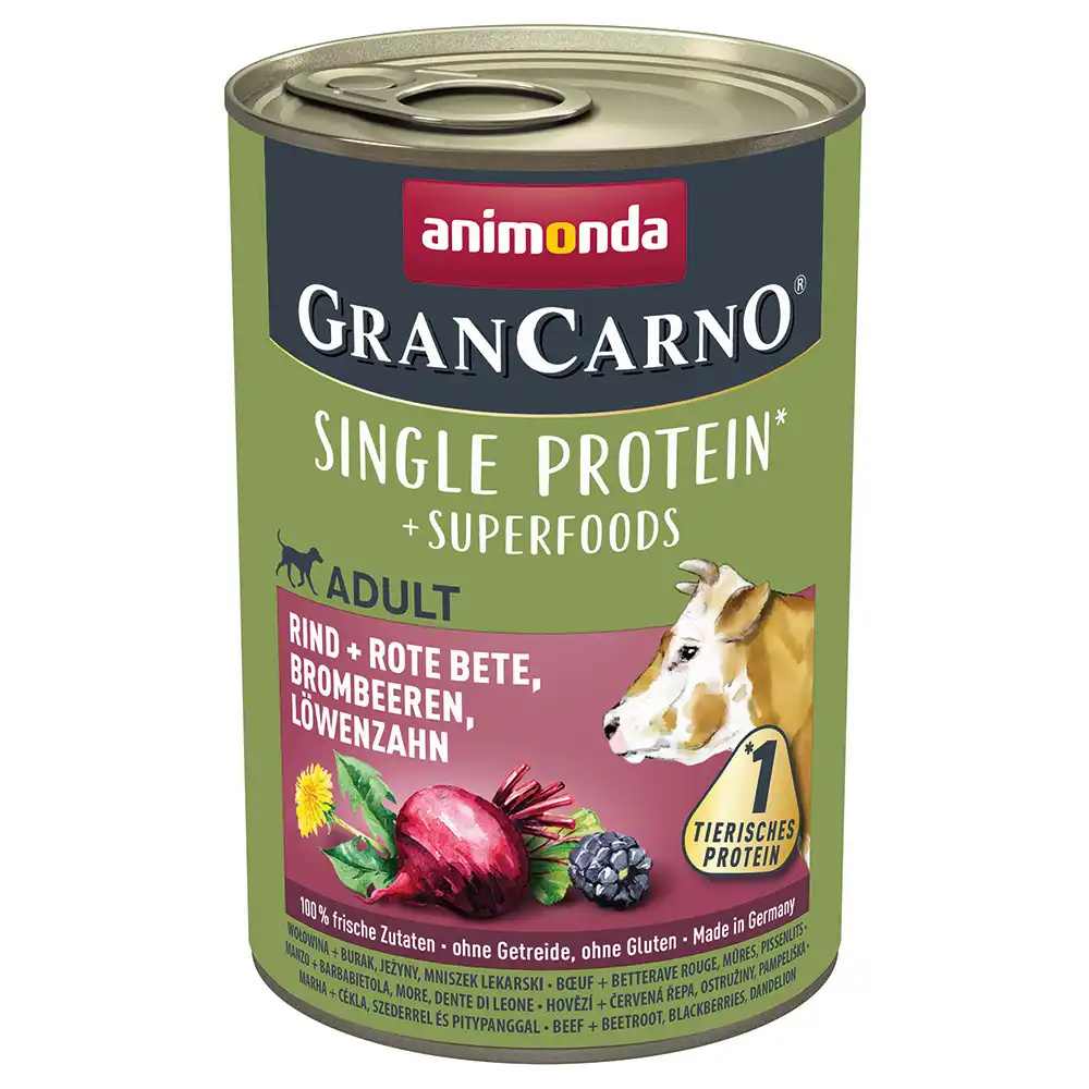 Animonda GranCarno Superfoods Adult 6 x 400 g - Vacuno con remolacha, moras, diente de león