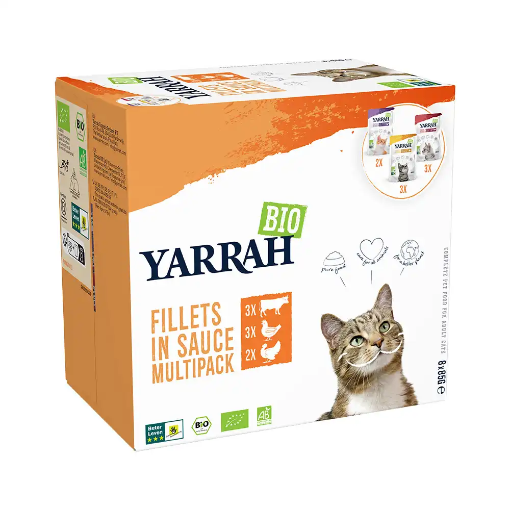 Yarrah Bio Filetes en salsa 8 x 85 g en bolsitas para gatos - Mix: pollo ecológico, pavo ecológico, vacuno ecológico