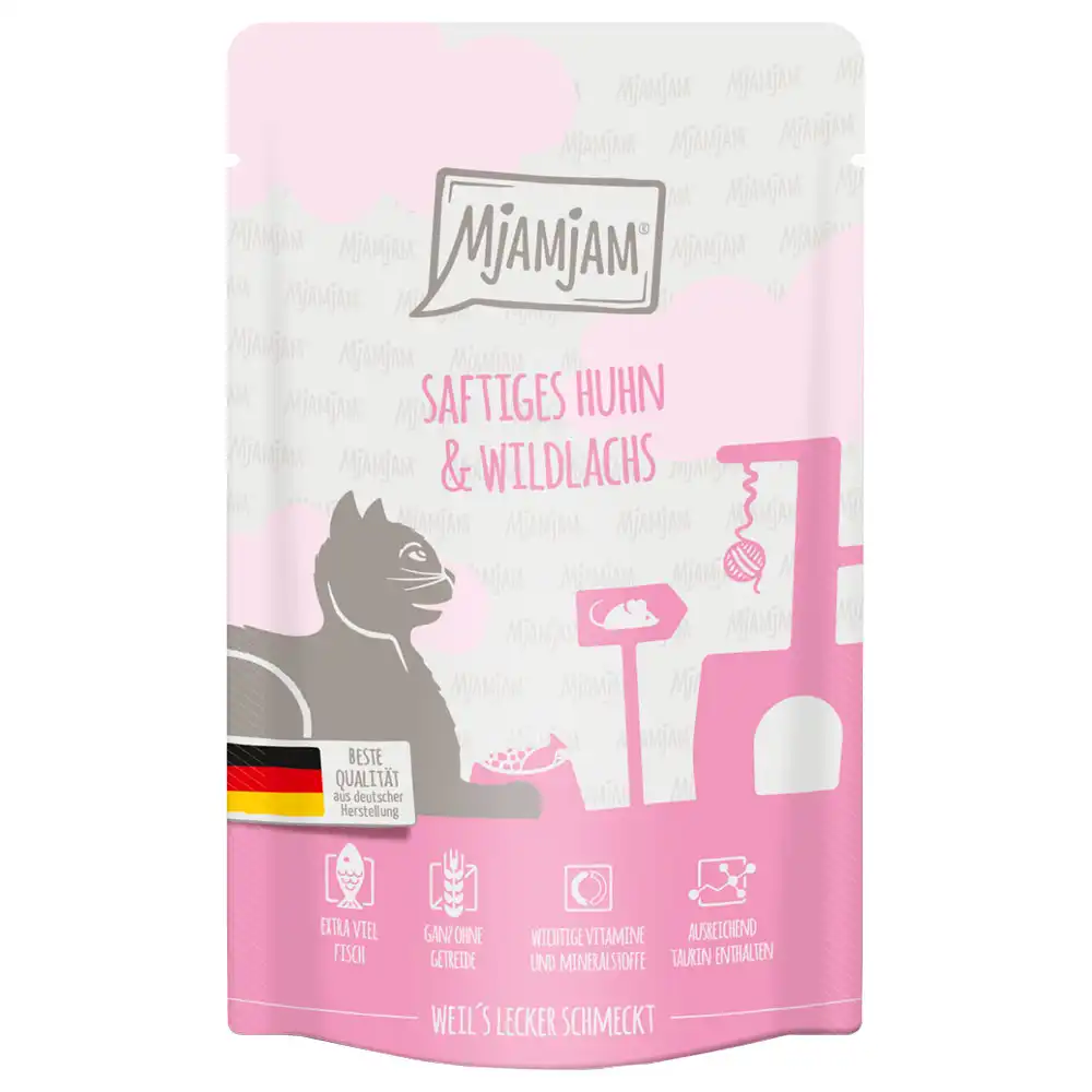 MjAMjAM Quetschie 12 x 125 g - Jugoso pollo con salmón salvaje