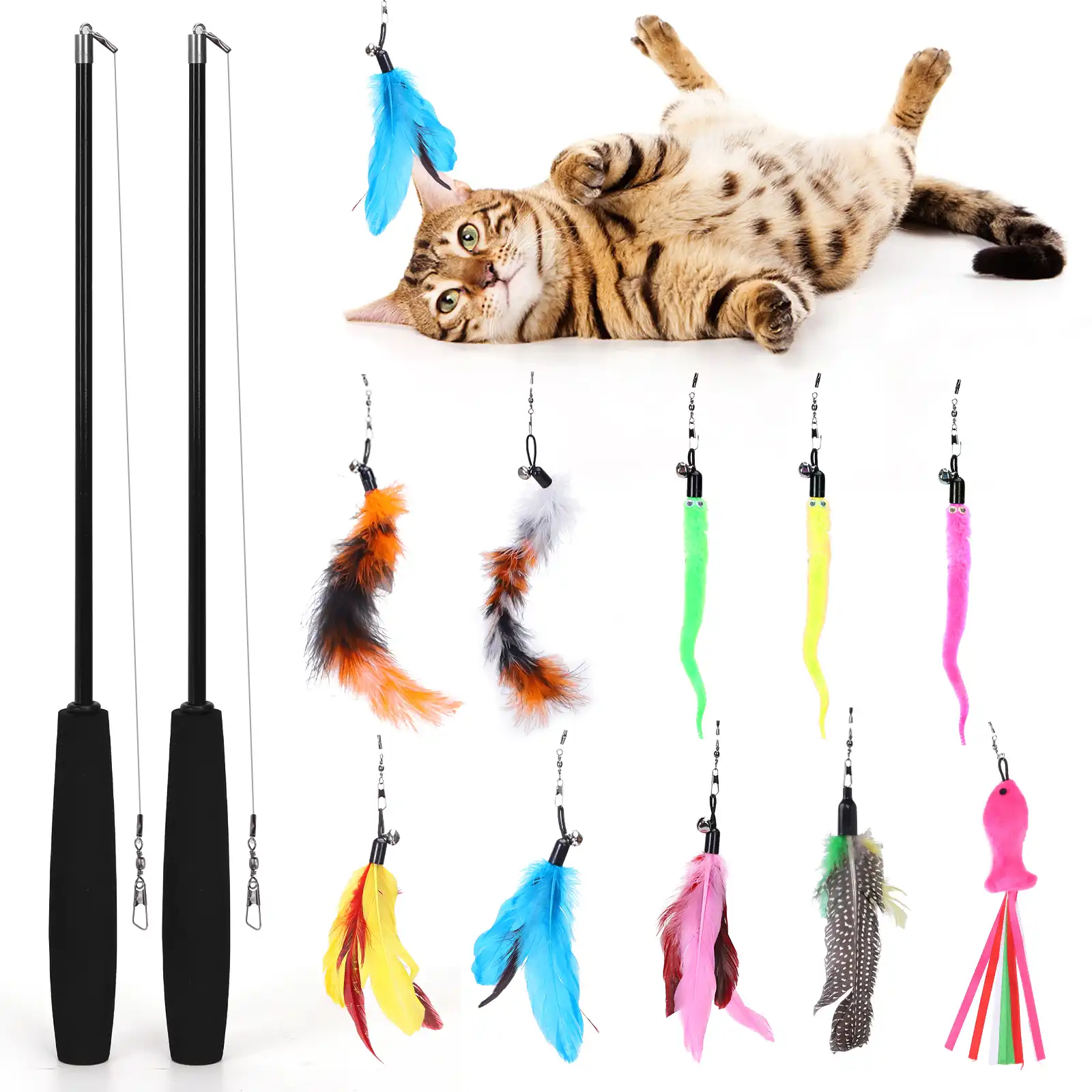 Nobleza -  Pluma de Gato Interactivo 12 Piezas, 2 Varitas Divertidas Retráctiles y 10 Teaser， Interactivo con Plumas，s para Gatos con Campana(10PCS）