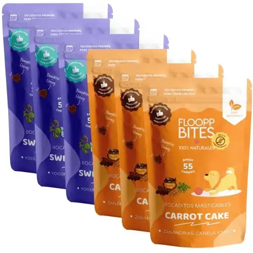 FlooppBITES soft snacks naturales sabor carrot cake y sweet dreams para perros