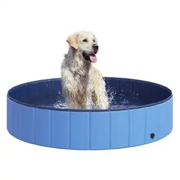 Piscina Plegable Para Perros De Pvc, Madera Ø140x30 Cm-pawhut. Azul