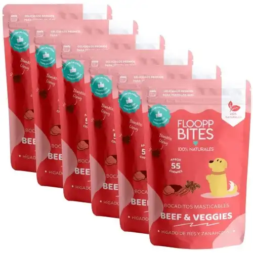 FlooppBITES soft snacks naturales sabor beef & veggies para perros