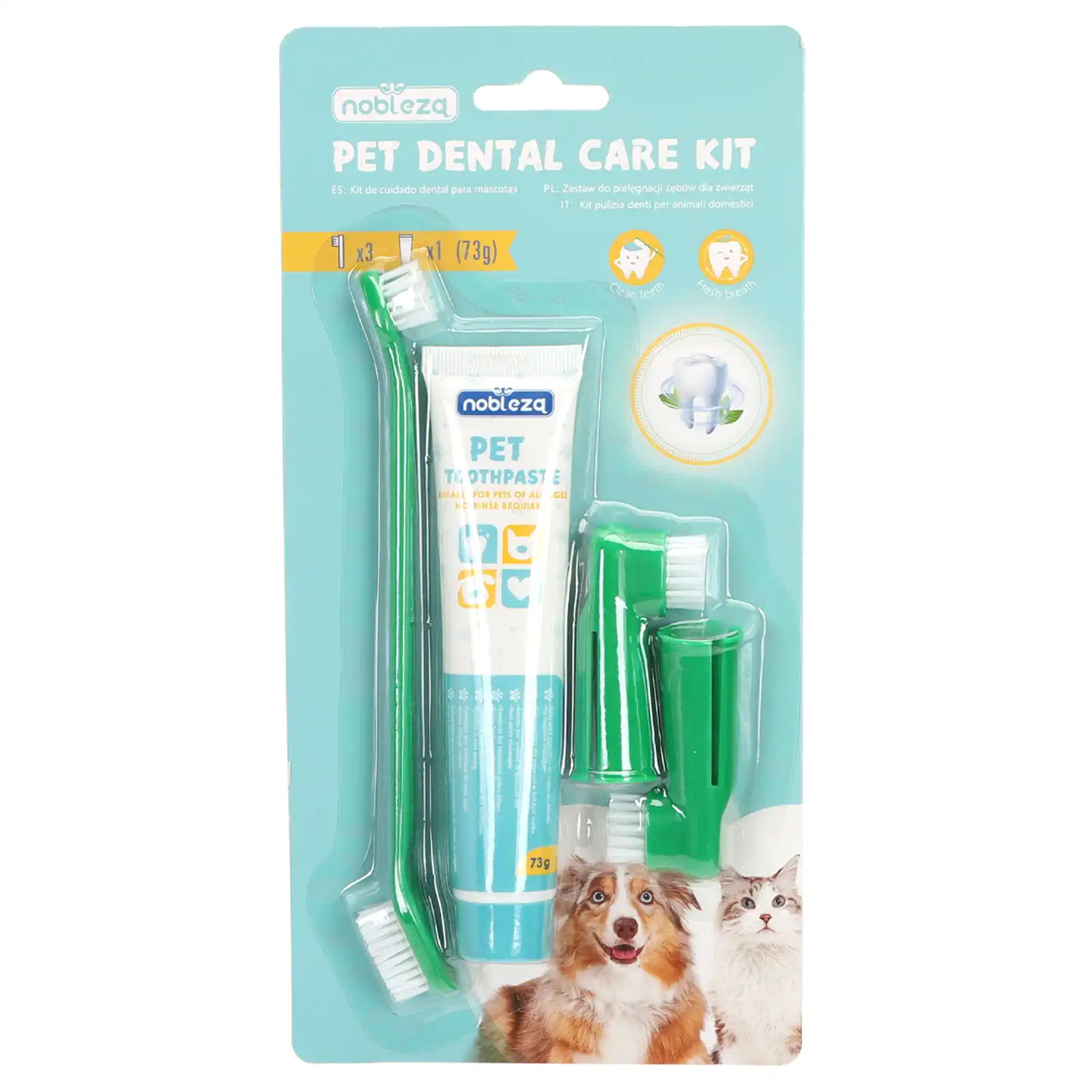 Nobleza - Set Higiene Dental para Perros, Dientes Perro para la Limpieza y el Cuidado Dental de los Perros, Previene la Placa y sarro, Crema Dental para Perros 73 g, Con Tres Cepillos de Dientes(1)