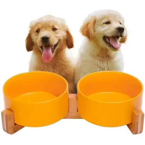 Edipets comedero y bebedero de porcelana y bambú amarillo para mascotas