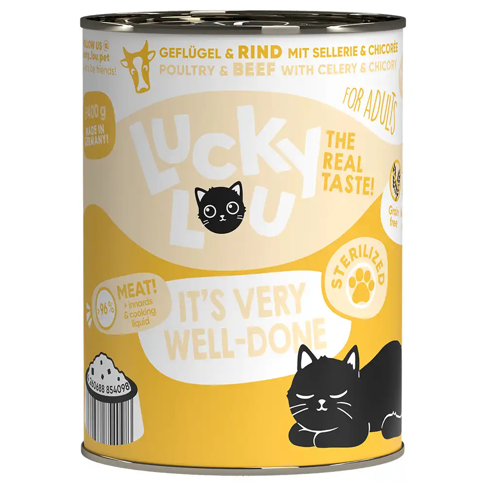 Lucky Lou Sterilised 6 x 400 g comida húmeda para gatos - Ave y vacuno