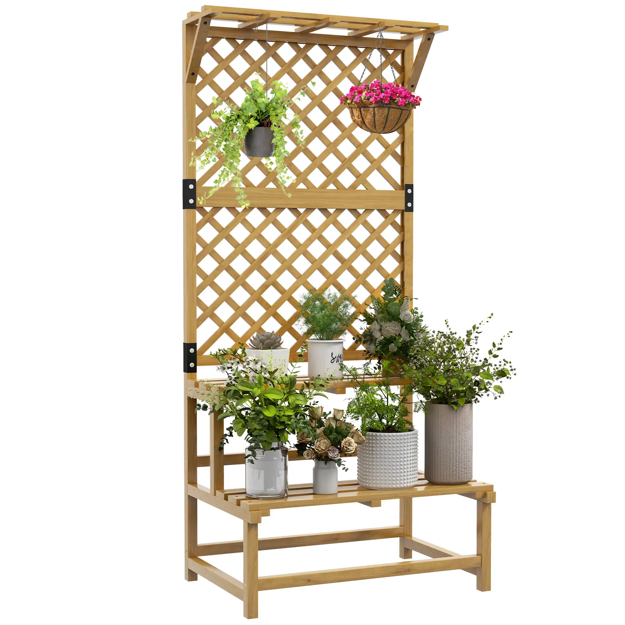 Outsunny Estantería para Plantas de Madera Soporte para Macetas de 2 Niveles con Enrejado para Jardín Patio Terraza Balcón 75x50x166 cm Natural