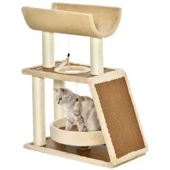 Rascador Gatos De Aglomerado Felpa Sisal Lino 60x30x76cm-pawhut.beige