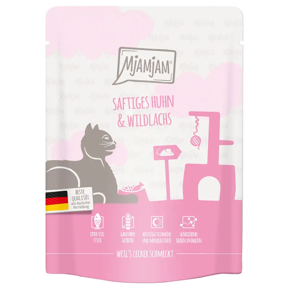 MjAMjAM Quetschie comida húmeda para gatos 6 x 300 g - Jugoso pollo y salmón salvaje