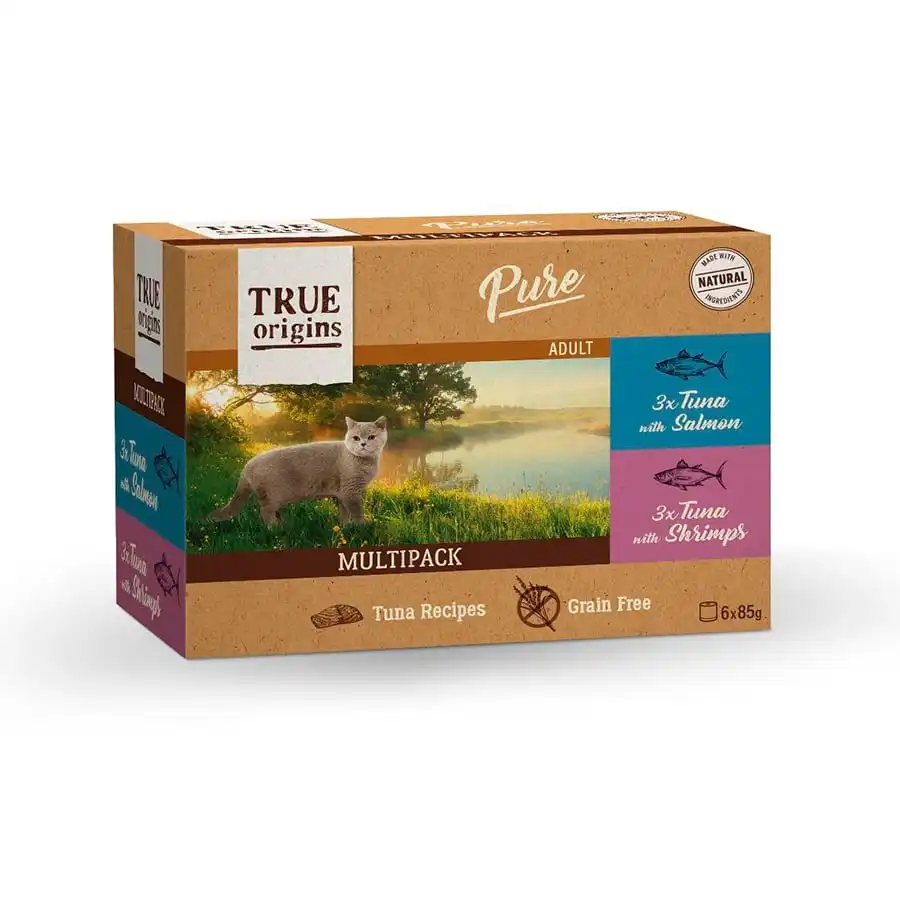 True Origins Pure Atún con Salmón y Gambas lata en salsa para gatos