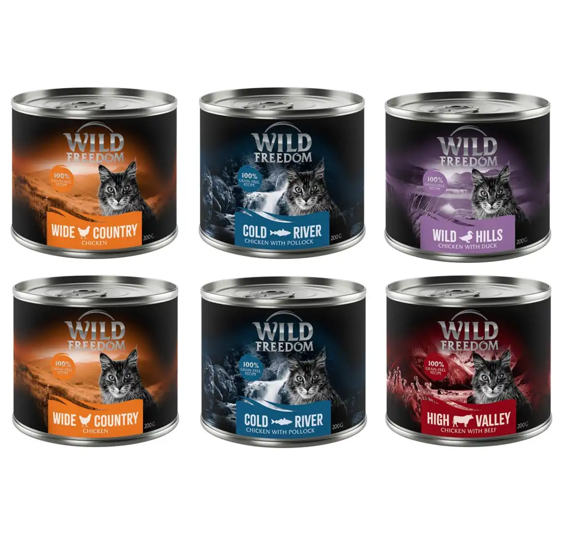 Pack de prueba mixto Wild Freedom Adult  - 6 x 200 g - 2 x Pollo, 2 x Abadejo, Vacuno, Pato